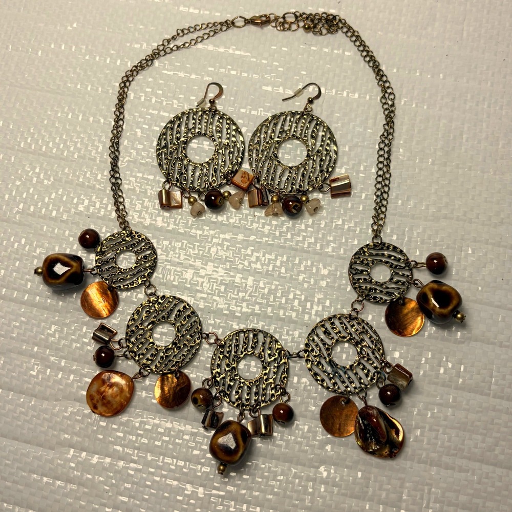 Boho Brass Tone Shell Bead Medallion Statement Necklace and Earring Set Brown